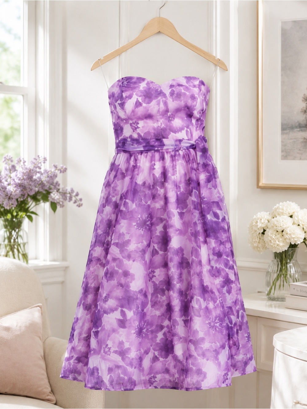 New York & Company Purple Floral Strapless Sweetheart Fit Flare Dress NWT